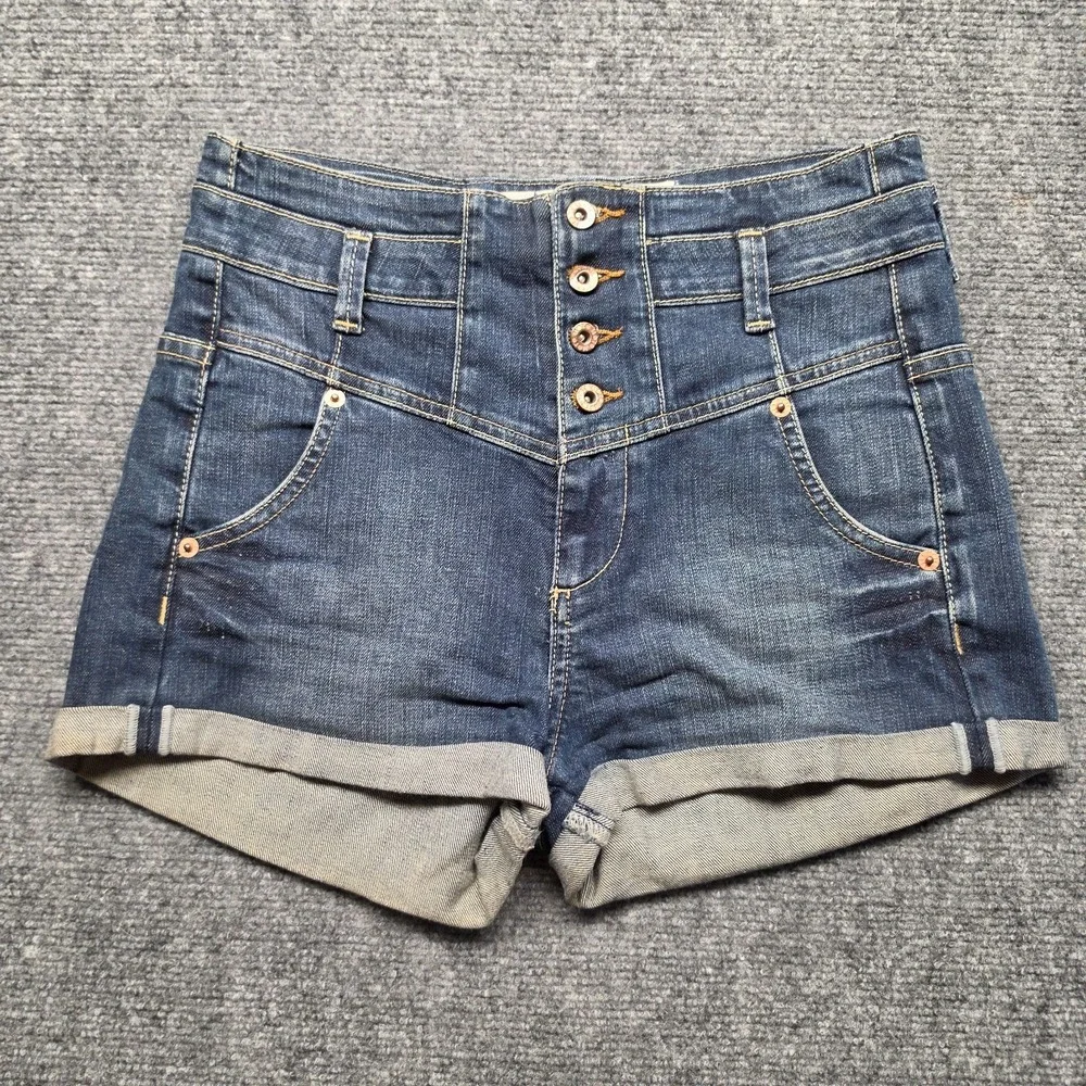 : Topshop MOTO High Waisted Corset Denim Shorts Womens US 4 W26 Dark Wash Cuffed